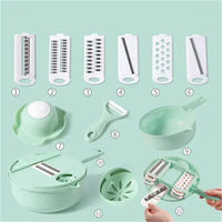 Green kitchen tool set with 11 components including slicers, peelers, and strainers, ideal for versatile food preparation.