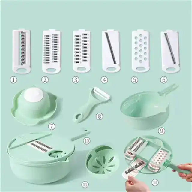 Green kitchen tool set with 11 multifunctional components including slicers, peelers, and strainers for efficient food prepar