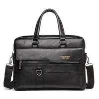 Black men briefcase bag with dual handles, front zipper pocket, and detachable shoulder strap, ideal for professional use.