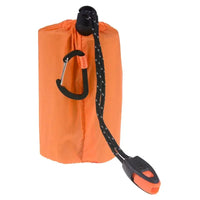 Orange waterproof reusable emergency sleeping bag with a black carabiner and drawstring, designed for survival and emergency preparedness.