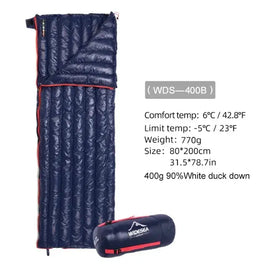 Portable sleeping bag with 90% white duck down filling, offering warmth and comfort for outdoor camping. Lightweight and compact for easy carrying.