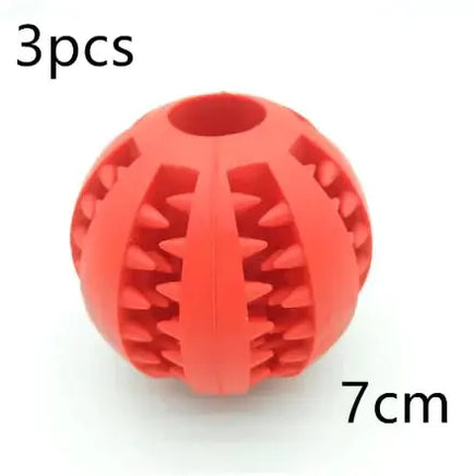 Red interactive rubber slow feeder dog ball, 7cm in size, sold in a 3-piece set for treat dispensing and chewing.