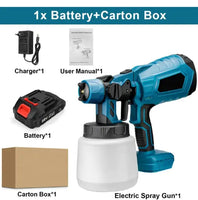 Wireless paint sprayer with battery, charger, user manual, and carton box. A portable and efficient tool for smooth painting projects.