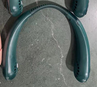 White Mini Bladeless Neck Fan Outdoor with dual air vents, designed for lightweight, rechargeable, and hands-free outdoor cooling comfort.