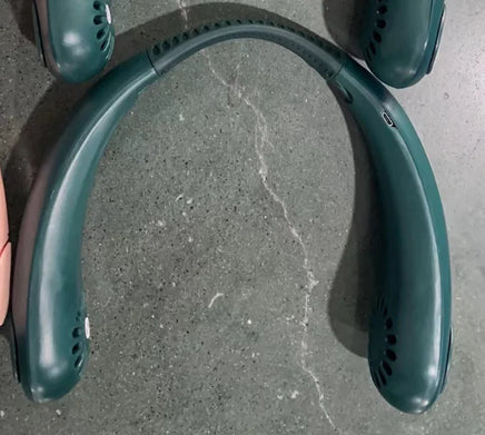 White Mini Bladeless Neck Fan Outdoor with dual air vents, designed for lightweight, rechargeable, and hands-free outdoor cooling comfort.