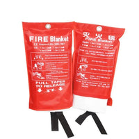 Two red-packaged Fire Blanket Emergency Fiberglass Cloths with pull tapes, featuring safety instructions for fire emergencies.