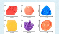 Measurement chart of six colorful shapes from the Baby Blocks Shape Sorter Toy, detailing dimensions for accurate size reference.