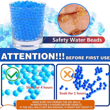 Safety instructions for soaking water beads for toy guns, highlighting proper preparation steps.