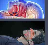 Illustration of snoring causes and a man using the intelligent anti-snoring device, highlighting its effectiveness in improving airflow.