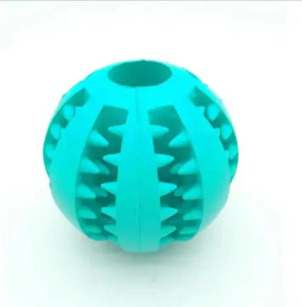 Turquoise interactive rubber slow feeder dog ball with ridges for treat dispensing, ideal for chewing and play.