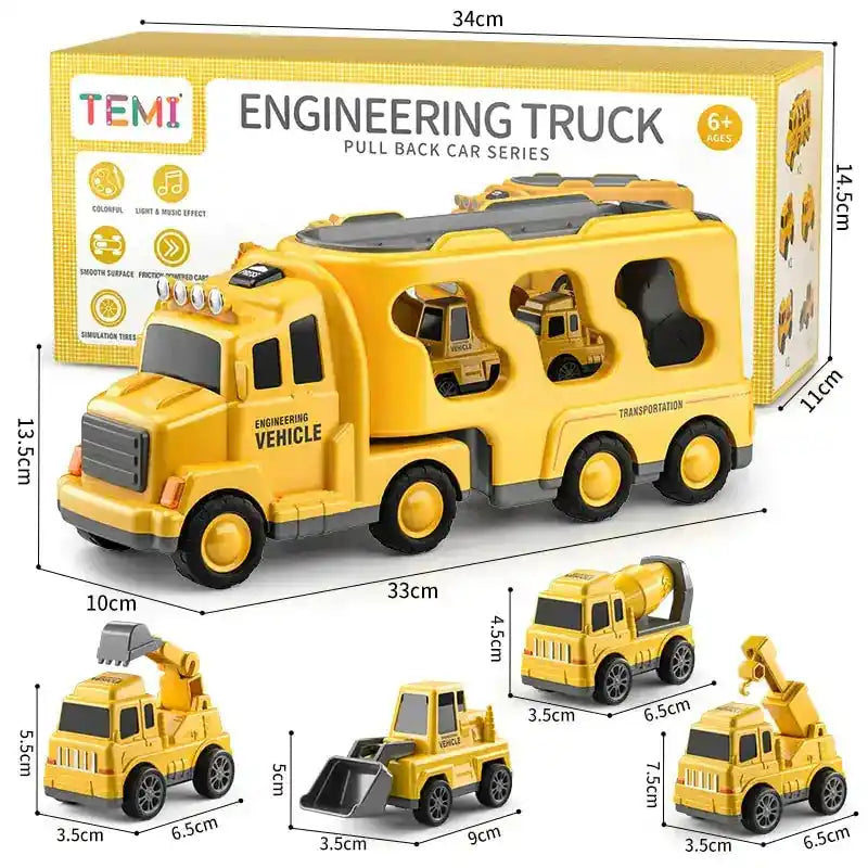 Yellow engineering truck toy with four construction vehicles. Includes a transport trailer for easy storage and play.