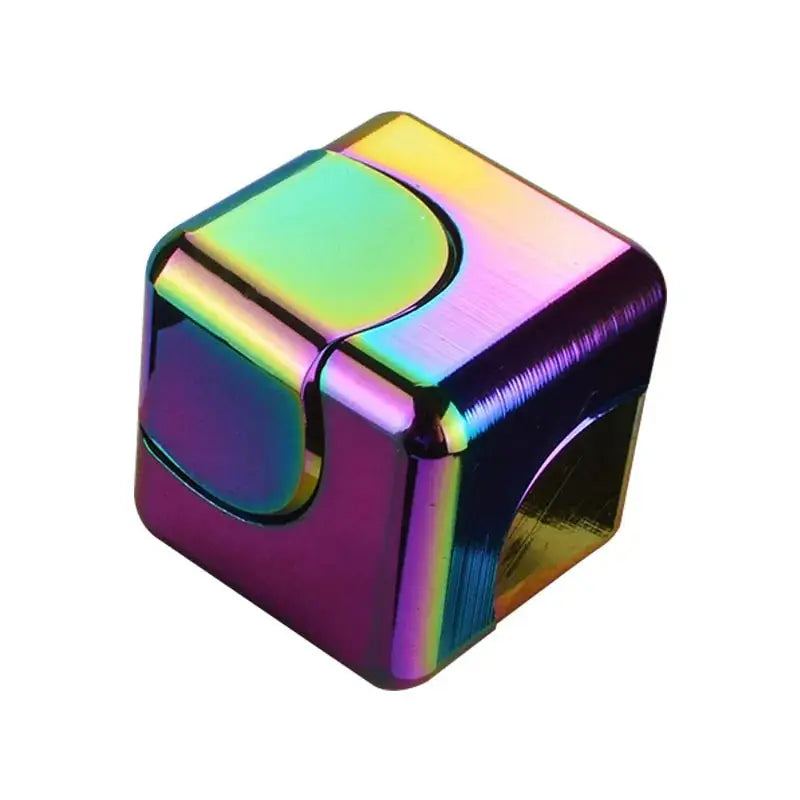 Close-up of a rainbow-colored fidget spinner stress relief cube with a sleek metallic finish and ergonomic design.