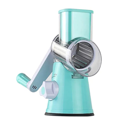 Compact blue vegetable cutter kitchen gadget with a rotary grater and ergonomic handle, designed for slicing and shredding vegetables.