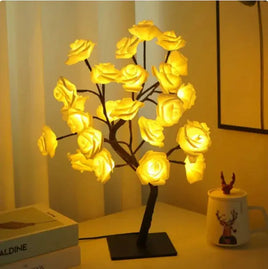 Romantic Rose Tree Lamp with warm yellow LED lights, creating a serene and romantic ambiance, perfect for bedroom decor.