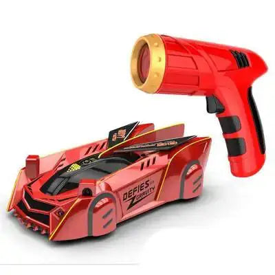 Red anti gravity car toy with a red laser-guided remote control, designed for wall and ceiling climbing.