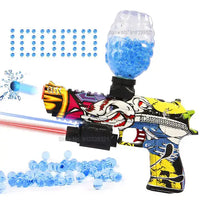 Toy gun blaster with vibrant design, water bead hopper, and laser light for interactive play.