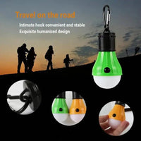 Emergency light bulb with hook design shown in outdoor travel setting. Perfect for hiking, camping, and road trips with stable attachment.