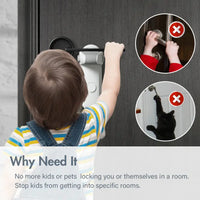 Child attempting to open a door with a Safety Door Lever Lock installed, preventing access. Inset images show a child and a pet trying to open doors without the lock.