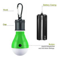 Green emergency light bulb with labeled parts, including hook, cap, button, and battery casing. Features ON/OFF and SOS blink settings.