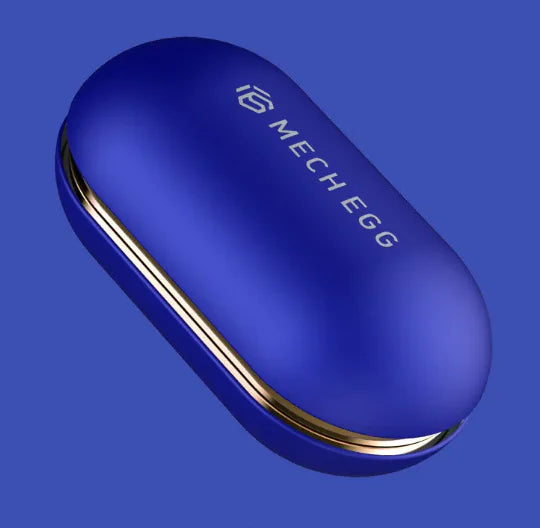 Blue metallic MechEgg coin stress relief toy with sleek oval shape and gold accents, designed for anxiety management and focus aid