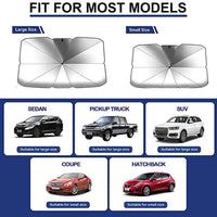 Car sunshade available in large and small sizes, suitable for sedans, pickup trucks, SUVs, coupes, and hatchbacks. Reflective design for heat protection.