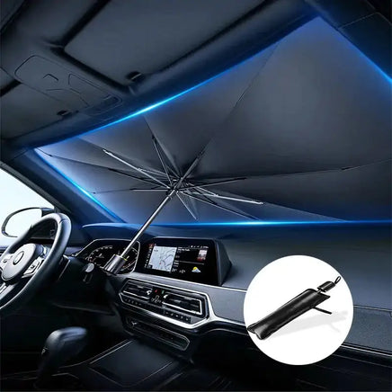 Car sunshade with umbrella-style mechanism, featuring a compact foldable design and blue ambient lighting reflection.