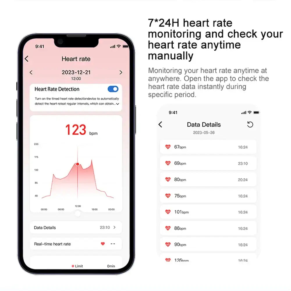 Health tracker app interface showing 24/7 heart rate monitoring and real-time data analysis.