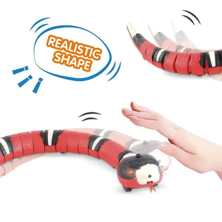 Realistic red and black electronic snake toy with motion-activated design, mimicking lifelike movements for engaging cat playtime.