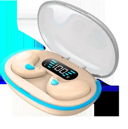 Beige Bluetooth headset with LED display in a compact charging case, designed for side sleeping and ergonomic comfort.