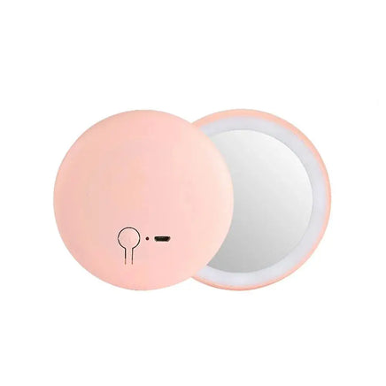 Pink Pocket LED Makeup Mirror with an open view showing the illuminated mirror and compact design for on-the-go use.