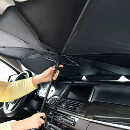 Car sunshade umbrella-style design installed inside a vehicle, providing full windshield coverage for heat and UV protection.