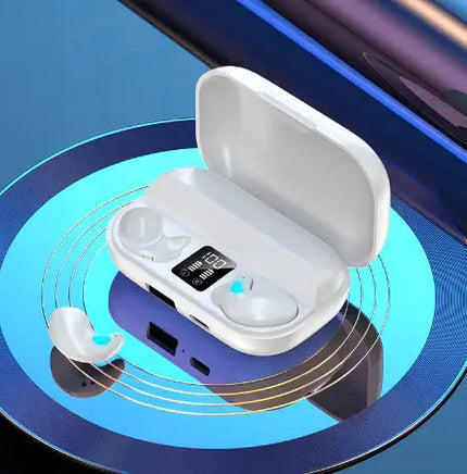 White Bluetooth headset with LED display in a compact charging case, designed for side sleeping and ergonomic comfort.