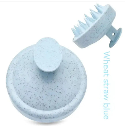 Blue soft rubber shampoo brush with wheat straw design, showcasing detachable bristle head and ergonomic handle.