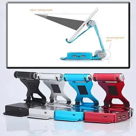 Multiple podium style stands in various colors with adjustable angles, USB ports, and extended battery features.