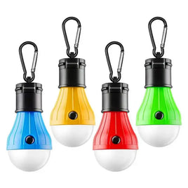 Set of four emergency light bulbs in blue, yellow, red, and green with carabiner hooks for portable use. Ideal for camping and outdoor activities.