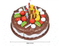 Chocolate cake toy with realistic fruit toppings, candles, and a 15cm diameter design for kids' pretend play.