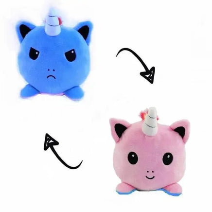 Blue and pink unicorn double-sided plush toy with reversible angry and happy expressions. Soft and fun from Shop Name.