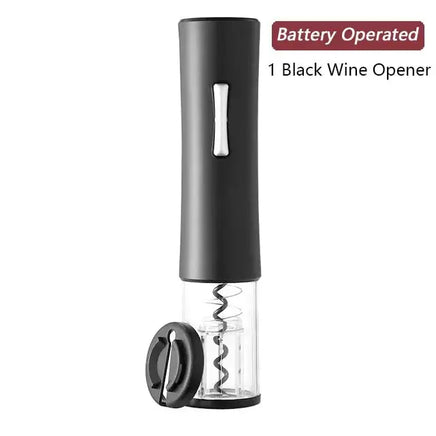 Battery-operated black electric wine opener with foil cutter, designed for easy and efficient wine bottle opening.