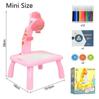 Mini-sized Kids Art Table Set with a pink giraffe projector, markers, stencil discs, an art booklet, and colorful packaging.