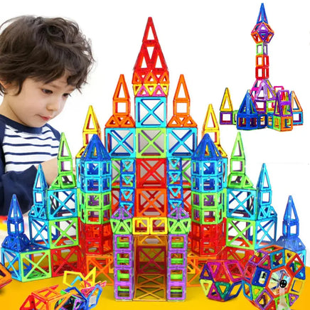 Mini Magnet Toys Building Blocks used to construct a vibrant castle with a child playing, showcasing imaginative and educational possibilities.