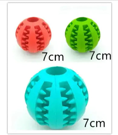 Three interactive rubber slow feeder dog balls in green, red, and blue, each measuring 7cm, ideal for treat dispensing.