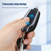 1500mAh emergency power bank with telescopic plug design, featuring a one-button mechanism for retractable functionality.