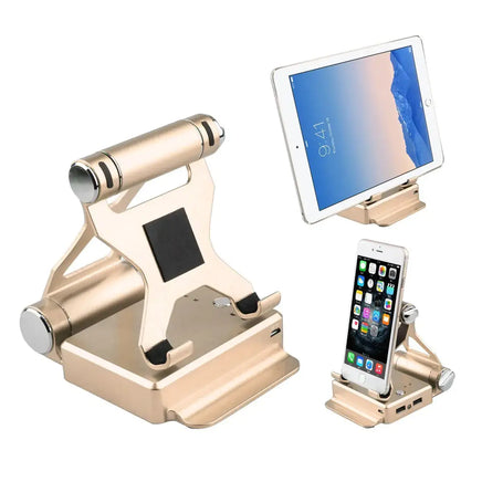 Gold podium style stand holding an iPad and smartphone, featuring adjustable angles and extended battery with USB ports.