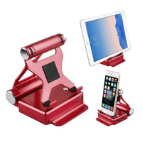 Red podium style stand holding an iPad and smartphone, featuring adjustable angles and extended battery with USB ports.