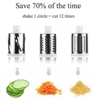 Three interchangeable stainless steel blades for a vegetable cutter, demonstrating slicing, shredding, and grating functions.