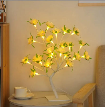 Romantic Rose Tree Lamp with yellow floral LED lights on white branches, creating a bright and cheerful ambiance for home decor.