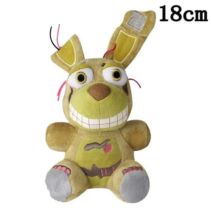 Green rabbit NAF plush toy with stitched details and a mischievous grin, 18cm tall.