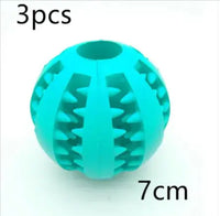 Turquoise interactive rubber slow feeder dog ball, 7cm in size, sold in a 3-piece set for treat dispensing and chewing.