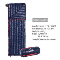 Blue portable sleeping bag with 90% white duck down, designed for warmth and comfort. Lightweight and compact for outdoor adventures.