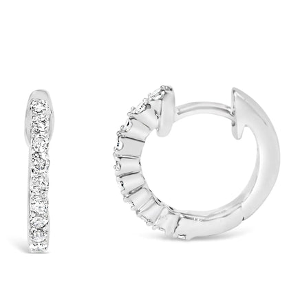 Side and open view of .925 sterling silver petite hoop earrings with 1/6 cttw diamonds, highlighting their clasp mechanism.